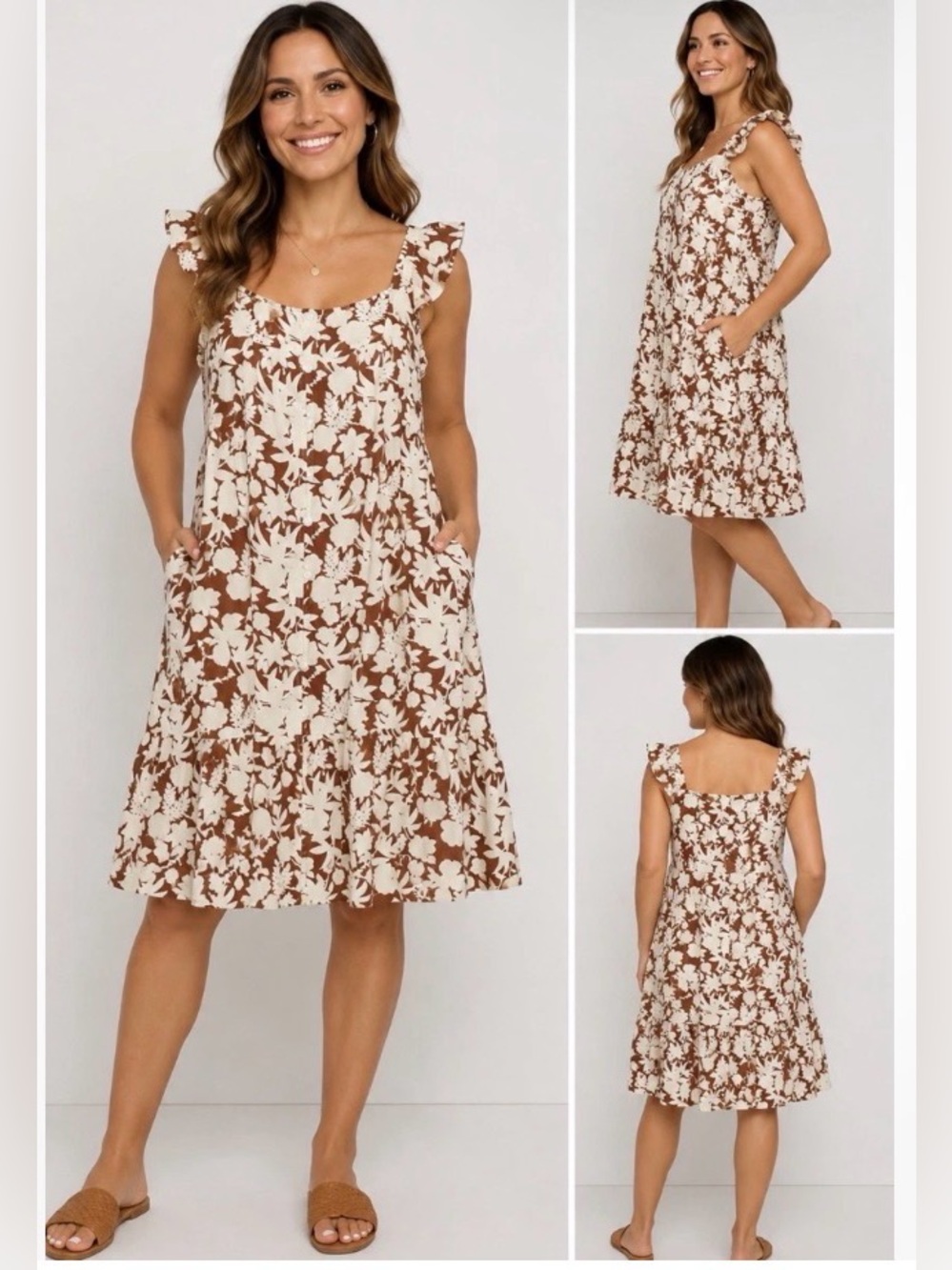 Universal Thread Brown & Cream Floral Ruffle-Shoulder Midi Dress